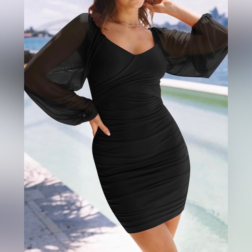 Sexy V Neck Ruched Bodycon Mini Dress Puff Long Sleeve 🖤